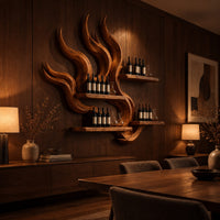 Flame shaped wine rack with tall carved tongues and staggered plank shelves in an evening dining room with walnut wall paneling
