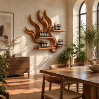 Flame shaped wine rack with tall carved tongues and staggered plank shelves in a bright dining room with arched windows and plants