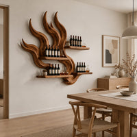 Flame shaped wine rack with tall carved tongues and staggered plank shelves in a Scandinavian dining room with white walls