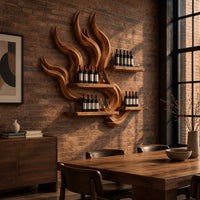 Flame shaped wine rack with tall carved tongues and staggered plank shelves in an industrial loft dining room with exposed brick