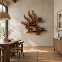 Flame shaped wine rack with tall carved tongues and staggered plank shelves in a bright open plan dining room