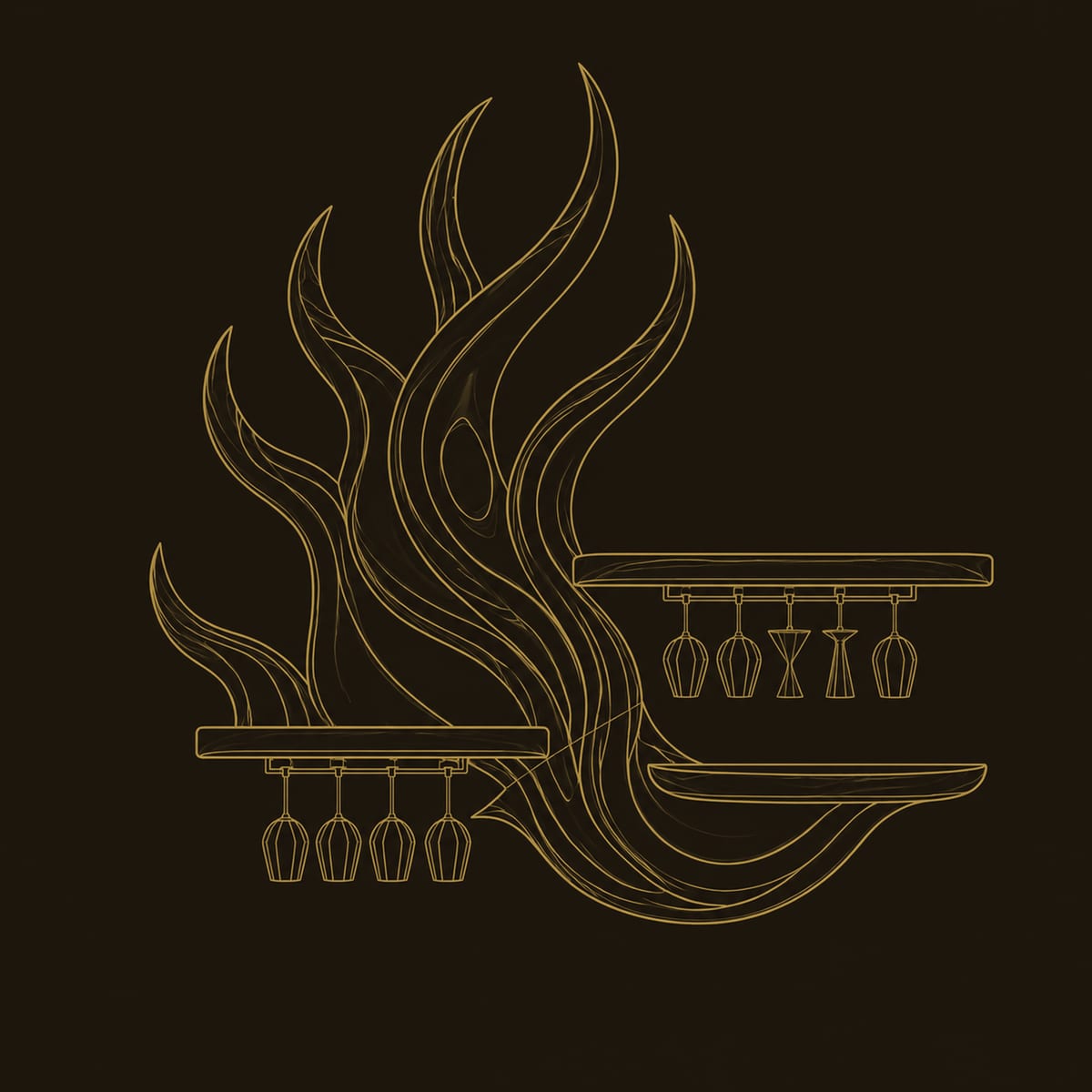 Flame Shaped Wine Rack With Two Straight Shelves And Glass Rails dimension diagram