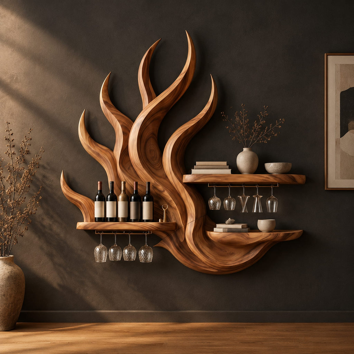Flame shaped wine rack with two straight shelves, glass rails and a lower ledge in a dark studio against a charcoal plaster wall