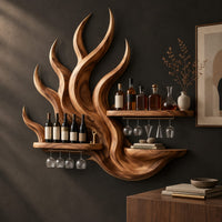 Corner detail of flame shaped wine rack with two straight shelves, glass rails and a lower ledge beside wood, brass and linen samples
