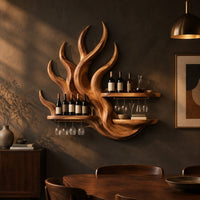 Flame shaped wine rack with two straight shelves, glass rails and a lower ledge in a dark dining room at golden hour