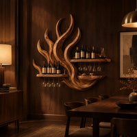 Flame shaped wine rack with two straight shelves, glass rails and a lower ledge in an evening dining room with walnut wall paneling