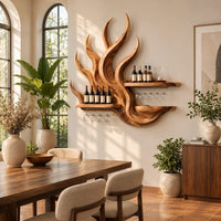 Flame shaped wine rack with two straight shelves, glass rails and a lower ledge in a bright dining room with arched windows and plants