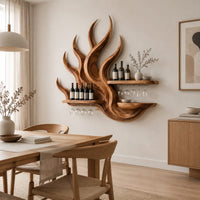 Flame shaped wine rack with two straight shelves, glass rails and a lower ledge in a Scandinavian dining room with white walls