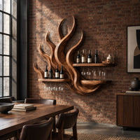 Flame shaped wine rack with two straight shelves, glass rails and a lower ledge in an industrial loft dining room with exposed brick