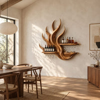Flame shaped wine rack with two straight shelves, glass rails and a lower ledge in a bright open plan dining room