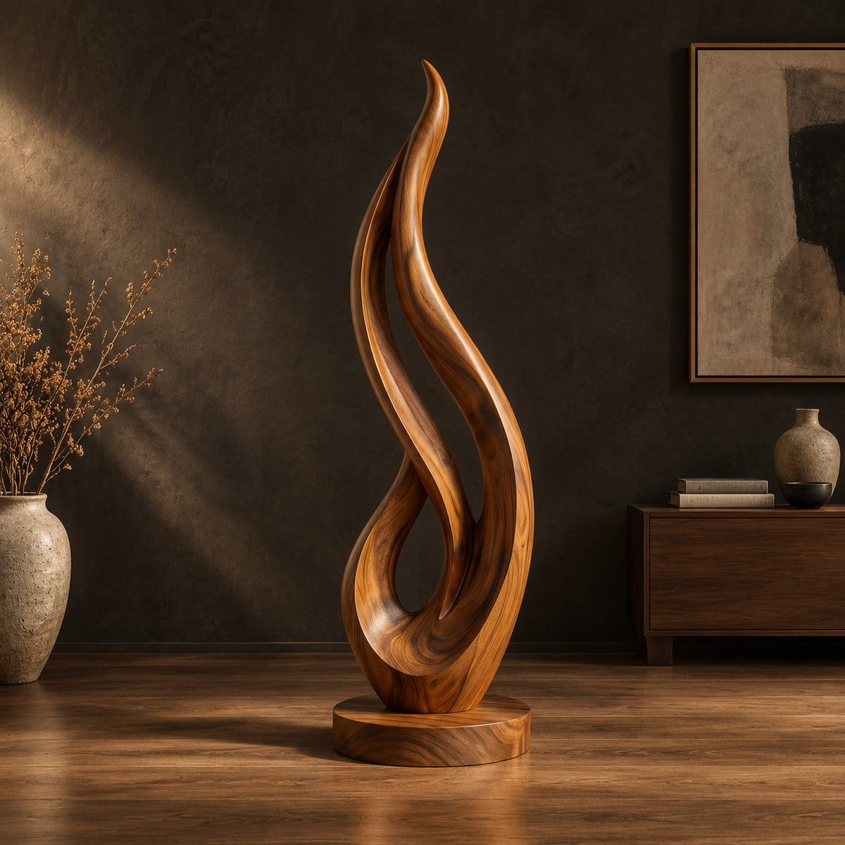Flame shaped wood sculpture with an open loop on a disc base in a dark studio against a charcoal plaster wall