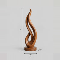 Flame Shaped Wood Sculpture With An Open Twisting Loop dimension diagram with width, height and depth