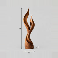 Flame Shaped Wood Sculpture With Two Tall Pointed Tips dimension diagram with width, height and depth