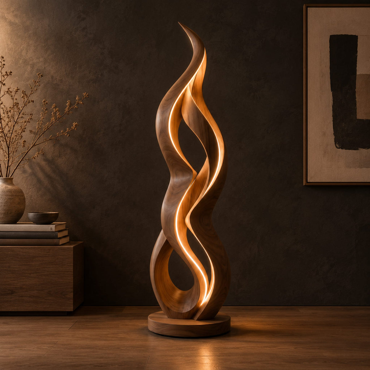 Floor lamp shaped like a twisting flame on a flat disc base in a dark studio against a charcoal plaster wall