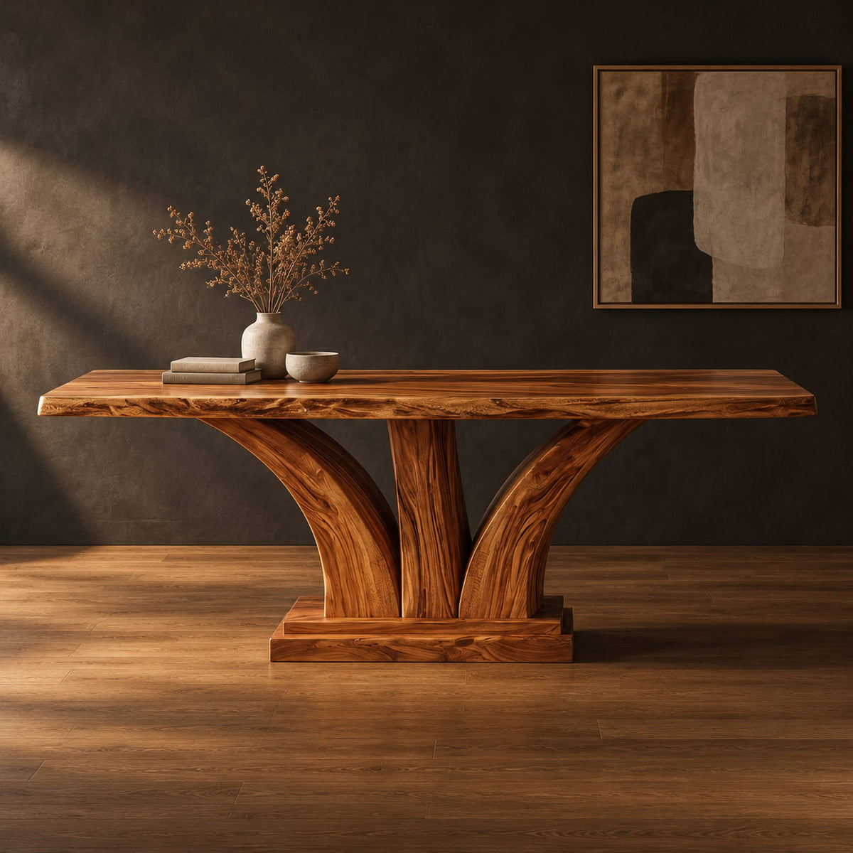 Rectangular dining table with two flared pedestal legs on a stepped plinth in a dark studio against a charcoal plaster wall