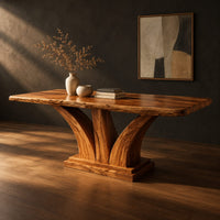 Rectangular dining table with two flared pedestal legs on a stepped plinth, three-quarter view showing the grain