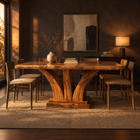 Rectangular dining table with two flared pedestal legs on a stepped plinth in a dark dining room at golden hour