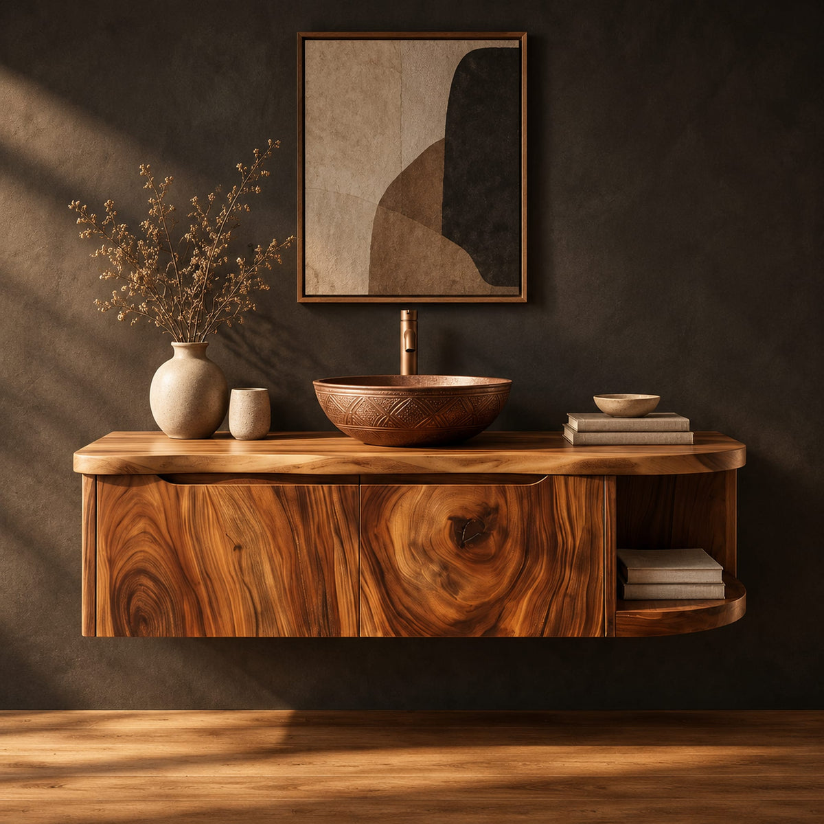Floating bathroom vanity cabinet with a swirl grain front and open end shelf in a dark studio against a charcoal plaster wall