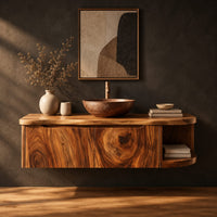Floating bathroom vanity cabinet with a swirl grain front and open end shelf in a dark studio against a charcoal plaster wall