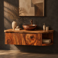 Floating bathroom vanity cabinet with a swirl grain front and open end shelf, three-quarter view showing the grain