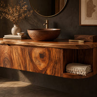 Corner detail of floating bathroom vanity cabinet with a swirl grain front and open end shelf beside wood, brass and linen samples