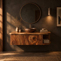 Floating bathroom vanity cabinet with a swirl grain front and open end shelf in a dark bathroom at golden hour