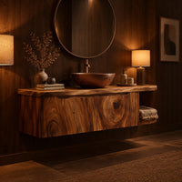 Floating bathroom vanity cabinet with a swirl grain front and open end shelf in an evening bathroom with walnut wall paneling