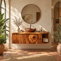 Floating bathroom vanity cabinet with a swirl grain front and open end shelf in a bright bathroom with arched windows and plants