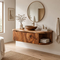 Floating bathroom vanity cabinet with a swirl grain front and open end shelf in a Scandinavian bathroom with white walls