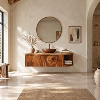 Floating bathroom vanity cabinet with a swirl grain front and open end shelf in a bright open plan bathroom