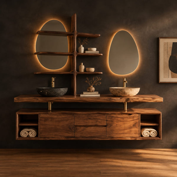 Floating Bathroom Vanity With Branch Shelf Tower And Slab Top