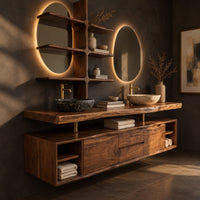 Corner detail of floating bathroom vanity cabinet with a slab top and a branching shelf tower beside wood, brass and linen samples