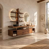 Floating bathroom vanity cabinet with a slab top and a branching shelf tower in a bright open plan bathroom