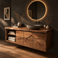 Floating wooden vanity cabinet with carved ridge line fronts and open end shelves, three-quarter view showing the grain