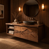 Floating wooden vanity cabinet with carved ridge line fronts and open end shelves in an evening bathroom with walnut wall paneling