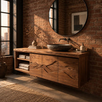 Floating wooden vanity cabinet with carved ridge line fronts and open end shelves in an industrial loft bathroom with exposed brick