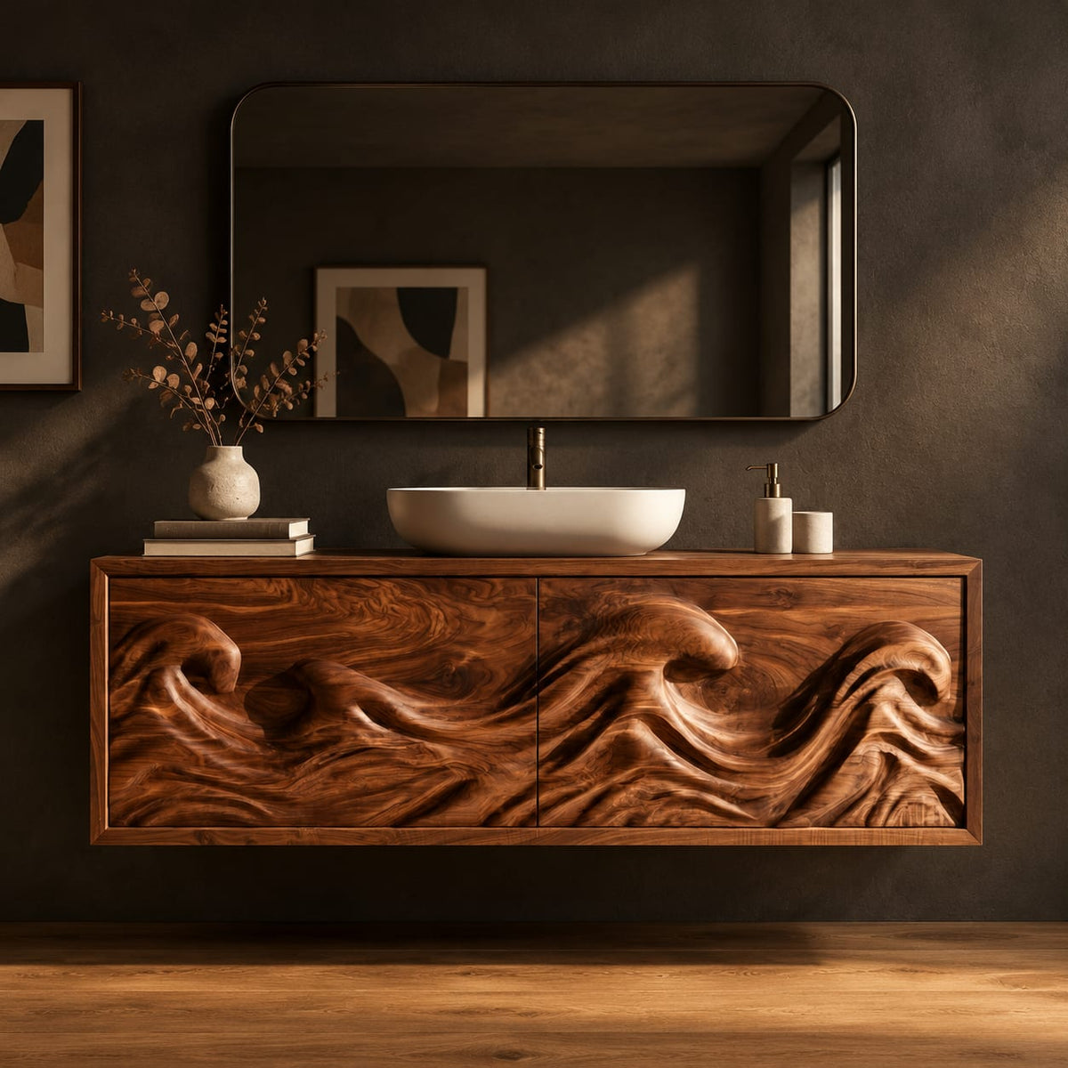 Floating bathroom vanity with deeply carved ocean wave doors in a dark studio against a charcoal plaster wall