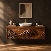 Floating bathroom vanity with a carved ocean wave on two front panels in a dark studio against a charcoal plaster wall