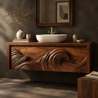 Corner detail of floating bathroom vanity with a carved ocean wave on two front panels beside wood, brass and linen samples