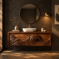 Floating bathroom vanity with a carved ocean wave on two front panels in a dark bathroom at golden hour