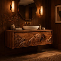 Floating bathroom vanity with a carved ocean wave on two front panels in an evening bathroom with walnut wall paneling
