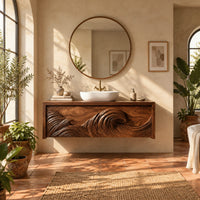 Floating bathroom vanity with a carved ocean wave on two front panels in a bright bathroom with arched windows and plants