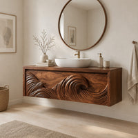 Floating bathroom vanity with a carved ocean wave on two front panels in a Scandinavian bathroom with white walls