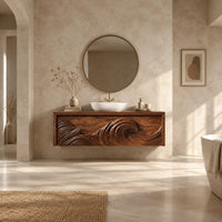 Floating bathroom vanity with a carved ocean wave on two front panels in a bright open plan bathroom