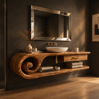 Floating vanity cabinet with a carved scroll end and a small drawer, three-quarter view showing the grain