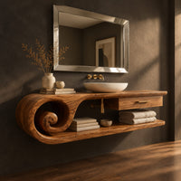 Corner detail of floating vanity cabinet with a carved scroll end and a small drawer beside wood, brass and linen samples