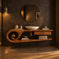 Floating vanity cabinet with a carved scroll end and a small drawer in a dark bathroom at golden hour