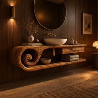 Floating vanity cabinet with a carved scroll end and a small drawer in an evening bathroom with walnut wall paneling