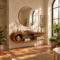 Floating vanity cabinet with a carved scroll end and a small drawer in a bright bathroom with arched windows and plants