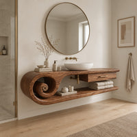 Floating vanity cabinet with a carved scroll end and a small drawer in a Scandinavian bathroom with white walls